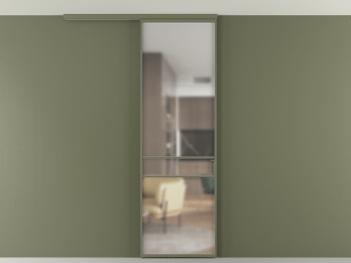 Перегородка Формато вдоль стены на потолок 1 створка АЛПР 040.02 Алюминий оливковый тёмный Сатинированное стекло "Мателюкс Кристал Вижн", калёное, матовое, каленое 6 мм Цена 811853 ₸ | Volhovec