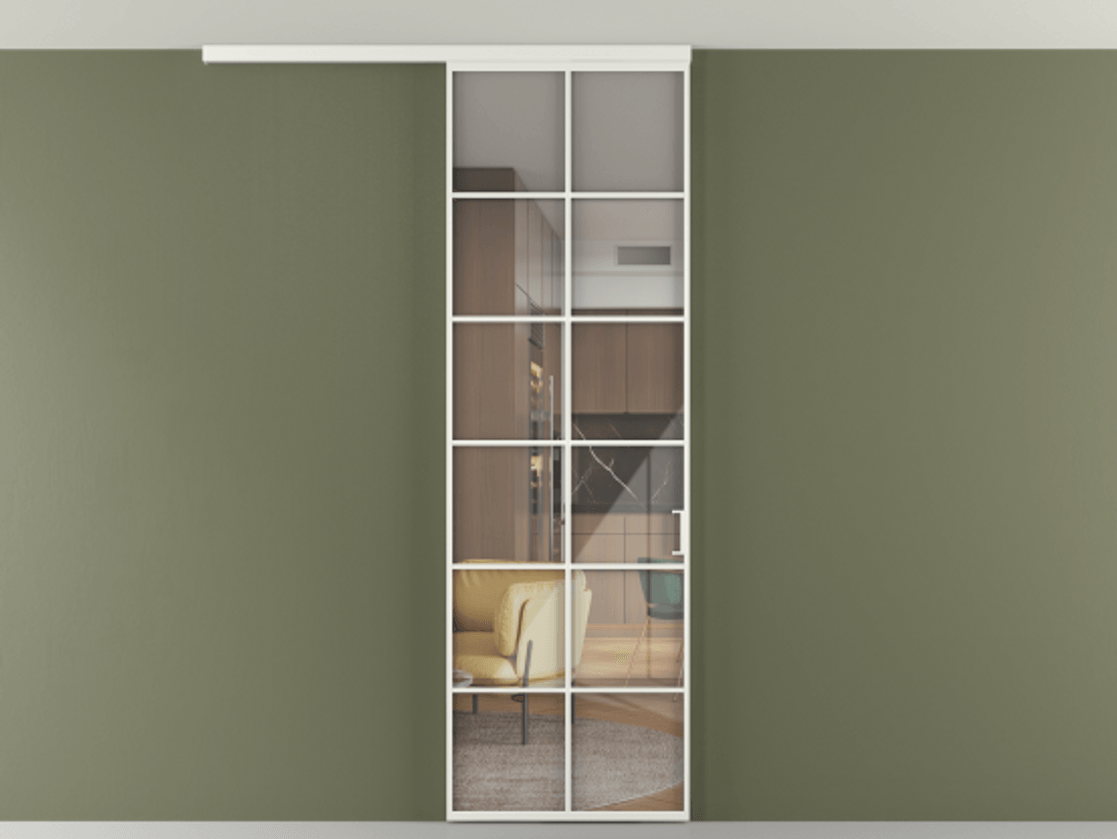 Перегородка Формато вдоль стены на потолок 1 створка АЛПР 040.05 Алюминий светло-серый Рефлективное прозрачное стекло "Стопсол", калёное Цена 1013720 ₸ | Volhovec