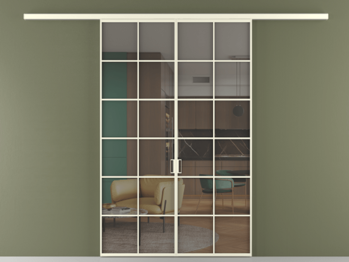 Перегородка Formato вдоль стены 2 створки АЛПР 040.05 Алюминий молочно-белый Прозрачное серое стекло, триплекс Цена 1879416 ₸ | Volhovec