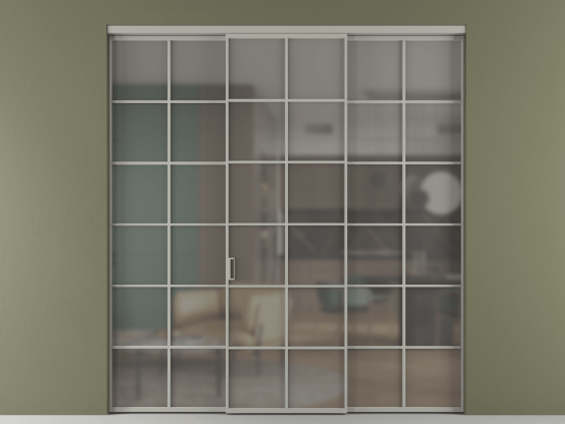 Перегородка Формато внутри проёма 3 створки АЛПР 040.05 Алюминий нейтральный серый Сатинированное серое стекло, триплекс Цена 1926477 ₸ | Volhovec