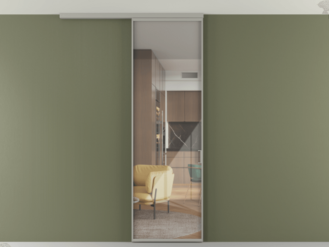 Перегородка Формато вдоль стены на потолок 1 створка АЛПР 040.01 Алюминий нейтральный серый Рефлективное прозрачное стекло "Стопсол", калёное Цена 775928 ₸ | Volhovec