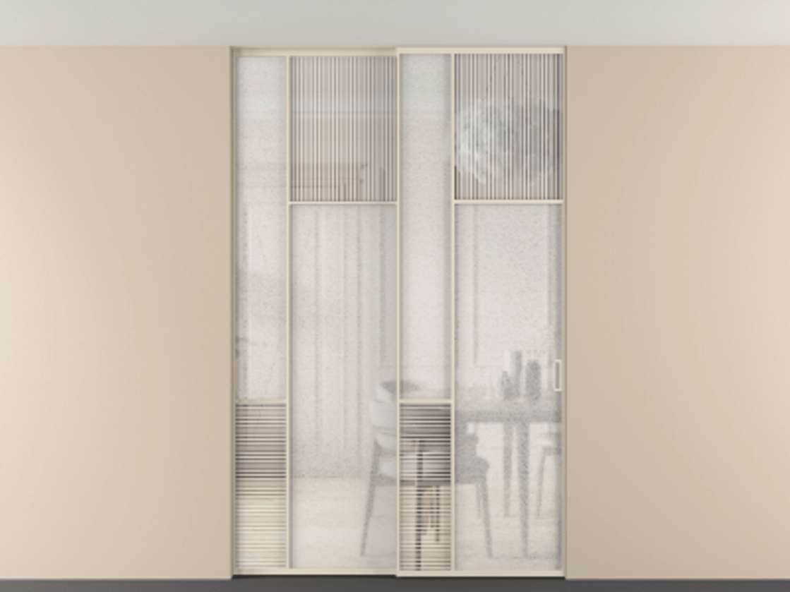 Перегородка Mosaic внутри проёма скрытое крепление в потолок 2 створки АЛПР 041.11 Алюминий бежево-серый Рифлёное стекло "Дюна", триплекс, 6 мм + Фактурное стекло "Лёд", триплекс. Цена 2574785 ₸ . Фабрика дверей Волховец 8 (800) 551 43 19 Перегородка Mosaic внутри проёма скрытое крепление в потолок 2 створки АЛПР 041.11 Алюминий бежево-серый Рифлёное стекло "Дюна", триплекс, 6 мм + Фактурное стекло "Лёд", триплекс Цена 2574785 ₸ | Volhovec