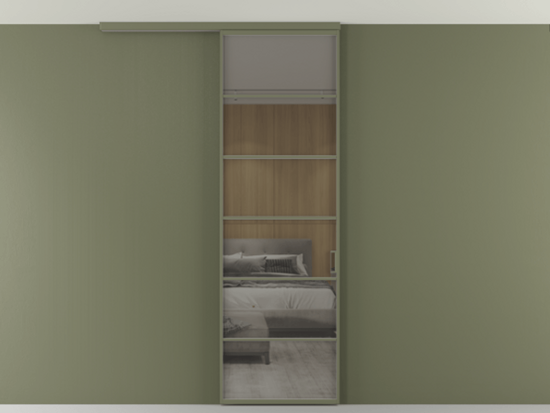 Перегородка Формато вдоль стены на потолок 1 створка АЛПР 040.04 Алюминий оливковый тёмный Рефлективное серое стекло "Стопсол", калёное Цена 863745 ₸ | Volhovec