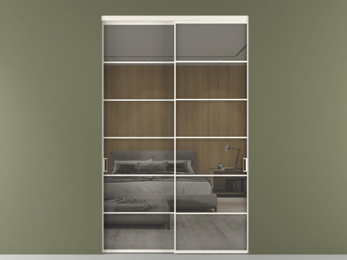 Перегородка Формато внутри проёма 2 створки АЛПР 040.04 Алюминий пудровый белый Рефлективное серое стекло "Стопсол", калёное Цена 3733884 ₸  | Volhovec