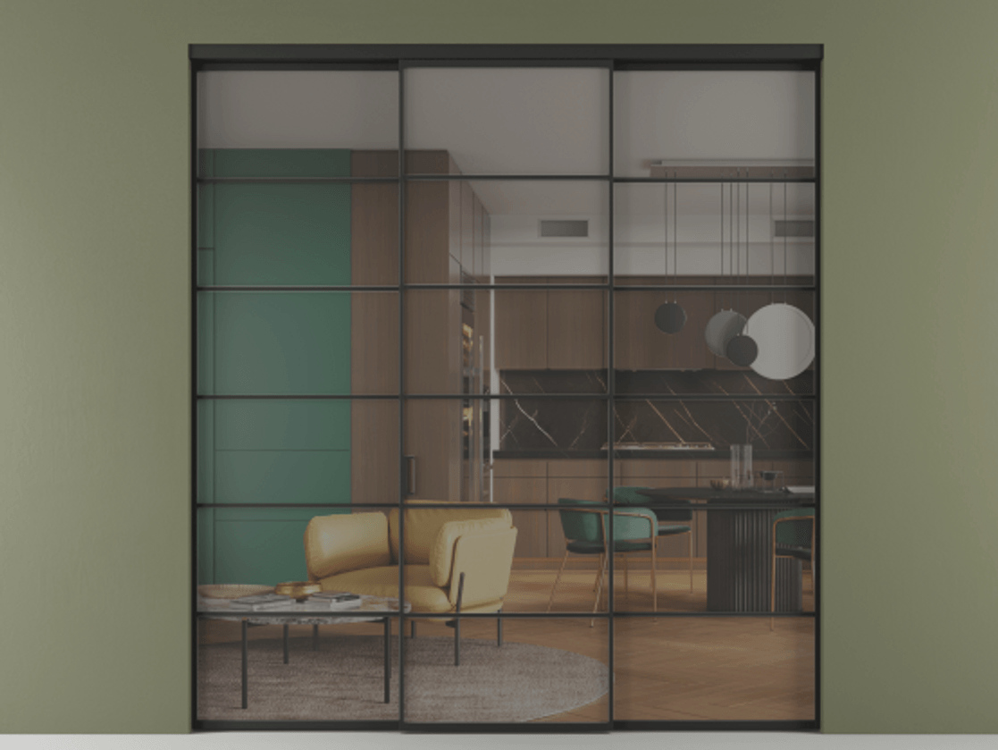 Перегородка Formato внутри проёма 3 створки АЛПР 040.04 Алюминий Черный Прозрачное серое стекло, триплекс Цена 1600310 ₸ | Volhovec