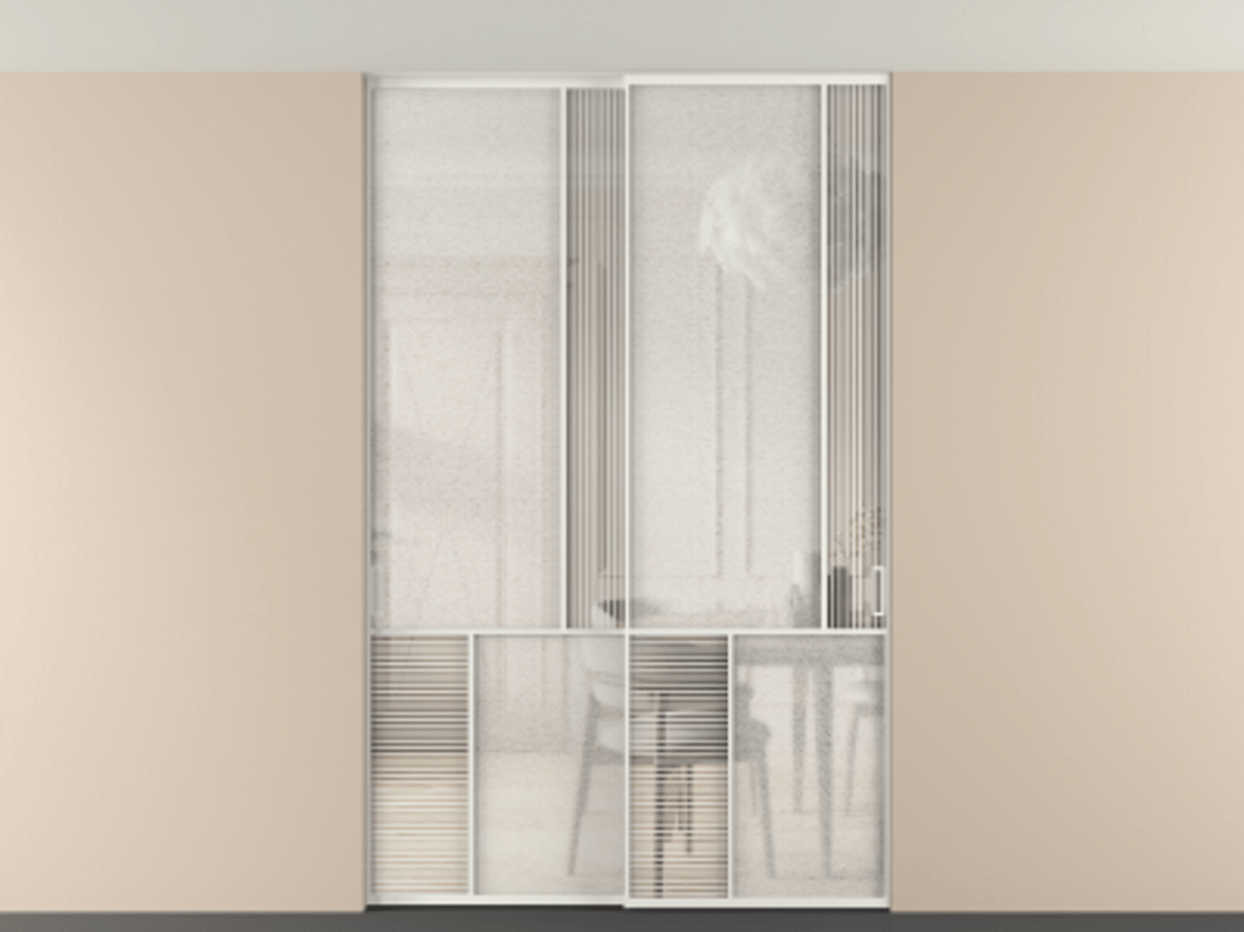 Перегородка Mosaic внутри проёма скрытое крепление в потолок 2 створки АЛПР 041.21 Алюминий светло-серый Рифлёное стекло "Дюна", триплекс, 6 мм + Фактурное стекло "Лёд", триплекс. Цена 2574785 ₸ . Фабрика дверей Волховец 8 (800) 551 43 19 Перегородка Mosaic внутри проёма скрытое крепление в потолок 2 створки АЛПР 041.21 Алюминий светло-серый Рифлёное стекло "Дюна", триплекс, 6 мм + Фактурное стекло "Лёд", триплекс Цена 2574785 ₸ | Volhovec