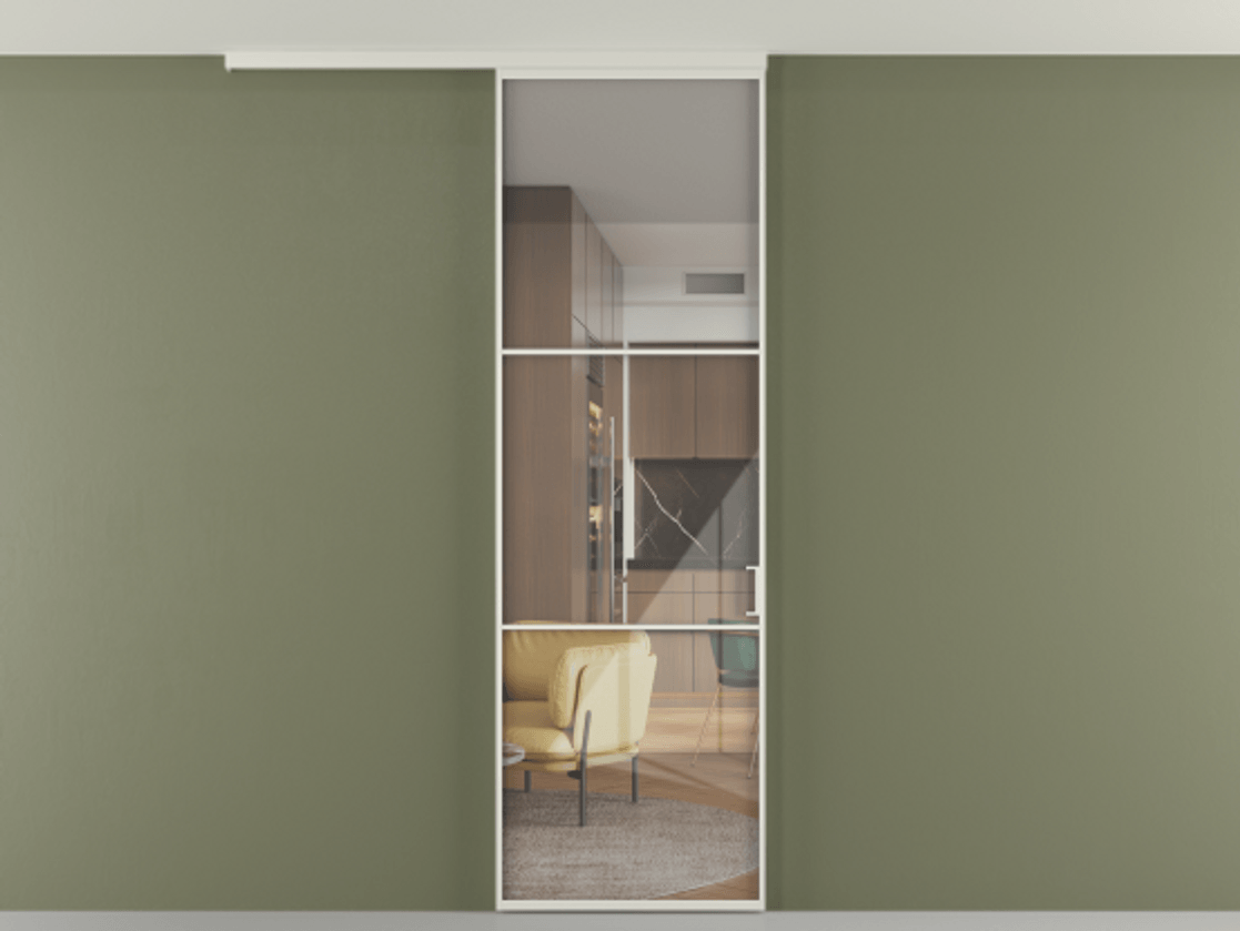 Перегородка Формато вдоль стены на потолок 1 створка АЛПР 040.03 Алюминий Белый Рефлективное прозрачное стекло "Стопсол", калёное Цена 913626 ₸ | Volhovec