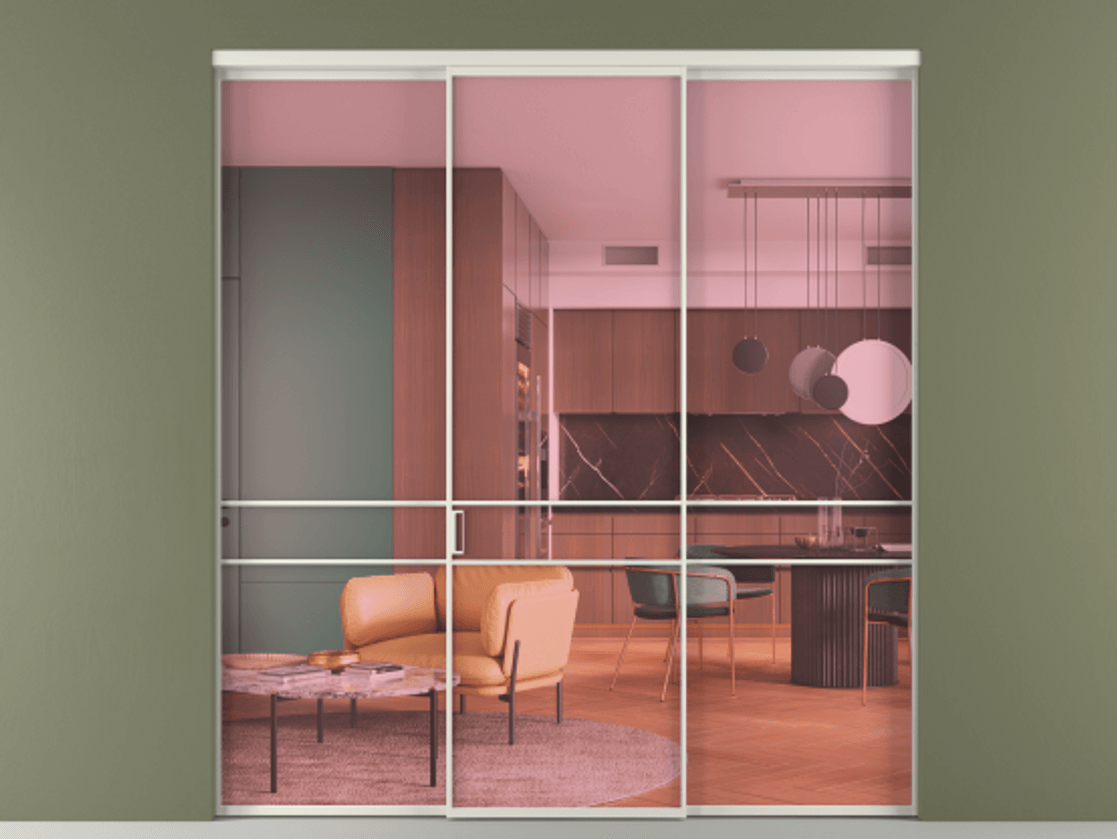 Перегородка Formato внутри проёма 3 створки АЛПР 040.02 Алюминий Белый Прозрачное розовое стекло, триплекс Цена 1723491 ₸ | Volhovec