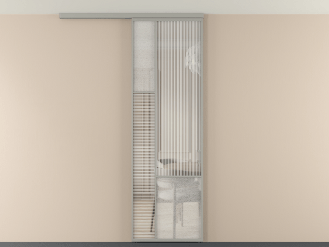 Перегородка Мозаик вдоль стены на потолок 1 створка АЛПР 041.13 Алюминий нейтральный серый Рифлёное стекло "Дюна", триплекс, 6 мм + Фактурное стекло "Лёд", триплекс Цена 1081382 ₸ | Volhovec