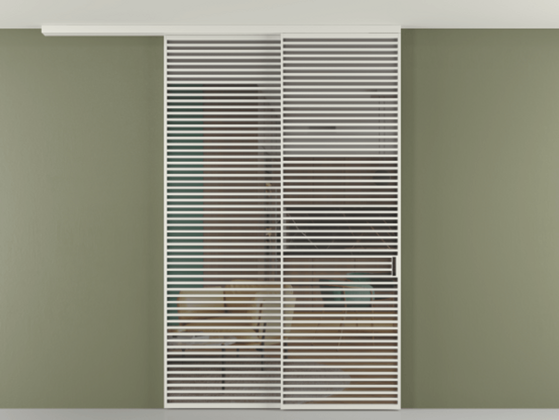 Перегородка Формато вдоль стены на потолок 2 створки с синхронным механизмом АЛПР 040.07 Алюминий серый Прозрачное серое стекло, триплекс Цена 3405447 ₸ | Volhovec