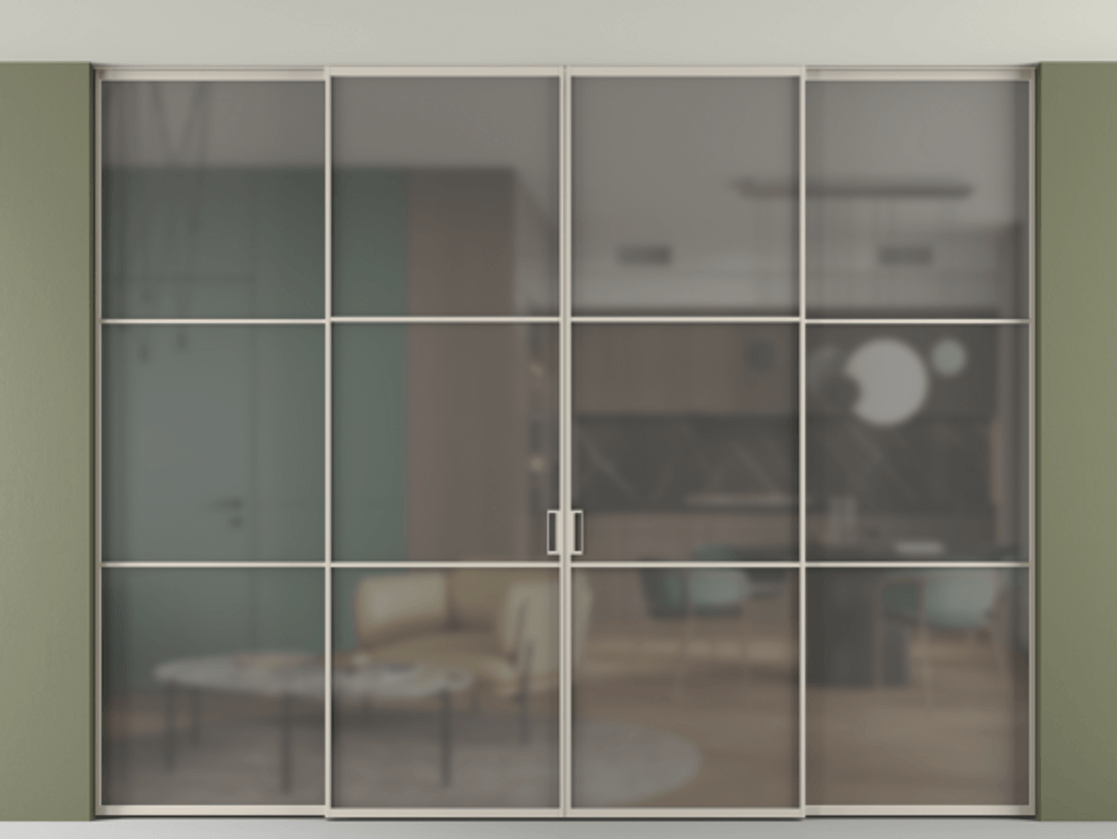 Перегородка Формато внутри проёма скрытое крепление в потолок 4 створки АЛПР 040.03 Алюминий светло-бежевый Сатинированное серое стекло, триплекс Цена 3597532 ₸ | Volhovec