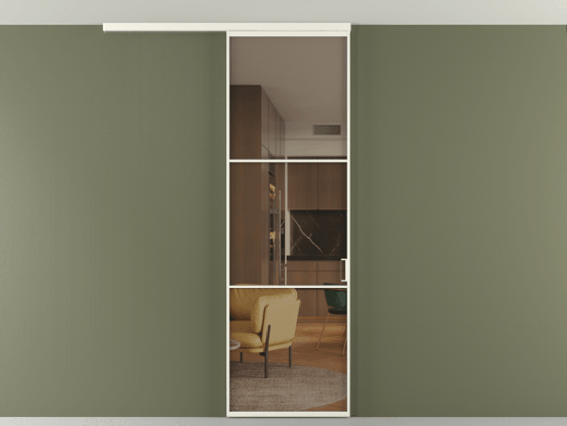 Перегородка Формато вдоль стены на потолок 1 створка АЛПР 040.03 Алюминий жемчужный Прозрачное бронзовое стекло, триплекс Цена 763469 ₸ | Volhovec