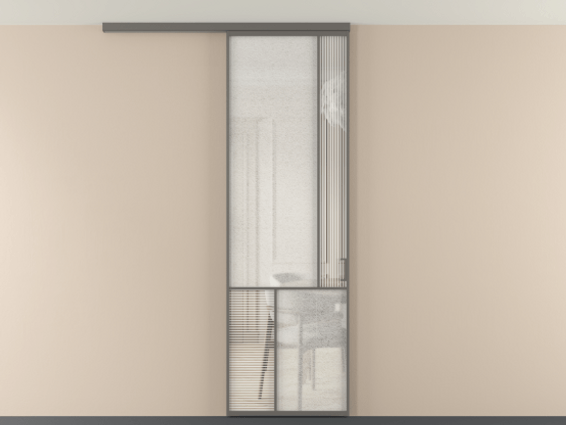 Перегородка Мозаик вдоль стены на потолок 1 створка АЛПР 041.21 Алюминий классический серый Рифлёное стекло "Дюна", триплекс, 6 мм + Фактурное стекло "Лёд", триплекс Цена 1081382 ₸ | Volhovec