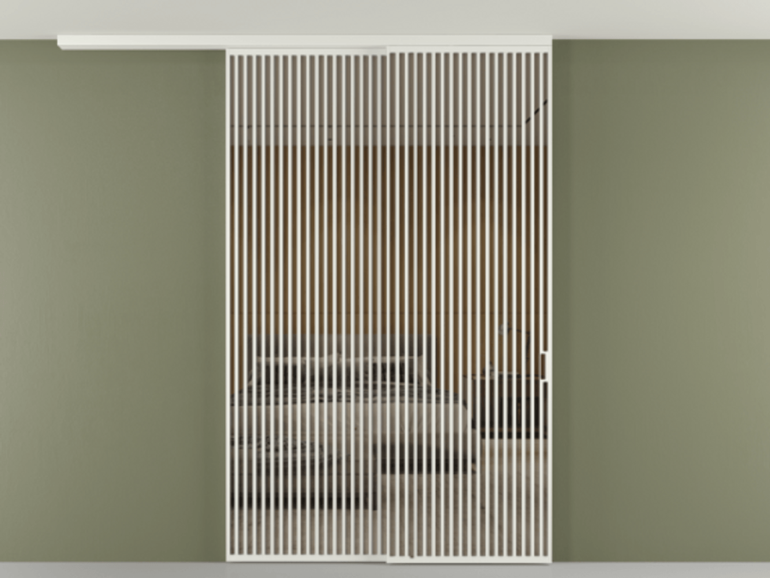 Перегородка Формато вдоль стены на потолок 2 створки с синхронным механизмом АЛПР 040.06 Алюминий светло-серый Рефлективное бронзовое стекло "Стопсол", калёное Цена 4102207 ₸ | Volhovec