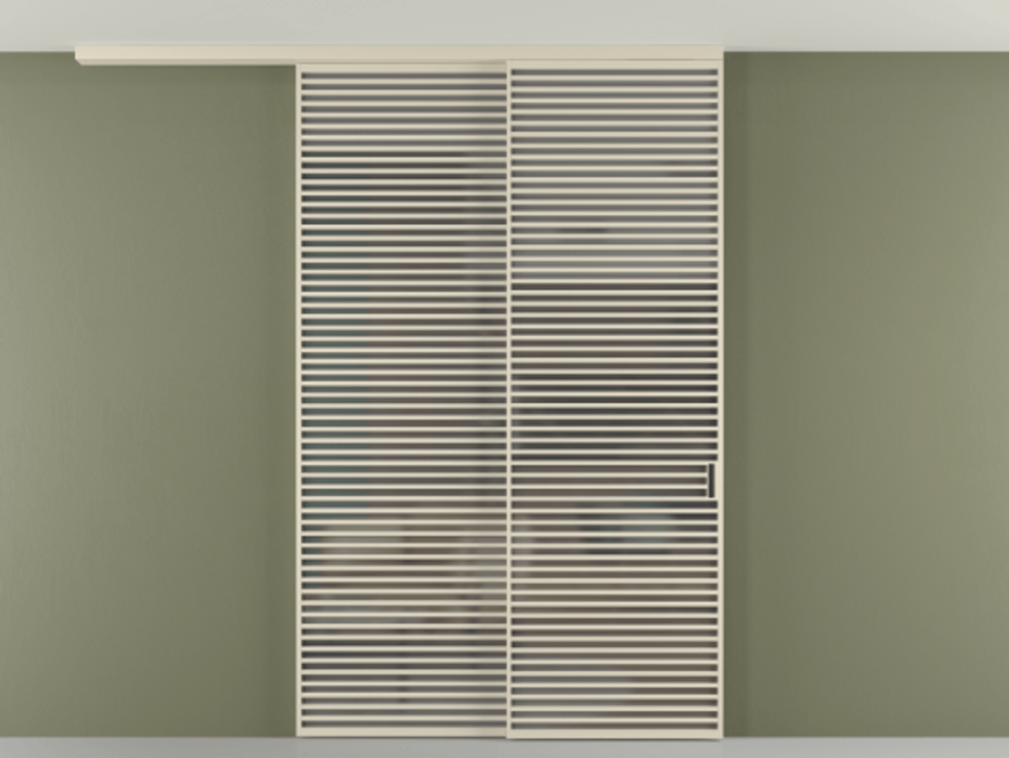 Перегородка Формато вдоль стены на потолок 2 створки с синхронным механизмом АЛПР 040.07 Алюминий бежево-серый Сатинированное серое стекло, триплекс Цена 3981247 ₸ | Volhovec