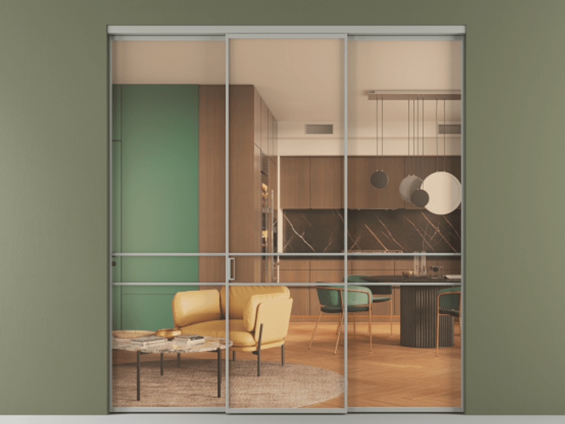 Перегородка Formato внутри проёма 3 створки АЛПР 040.02 Алюминий нейтральный серый Прозрачное оранжевое стекло, триплекс Цена 1550900 ₸ | Volhovec