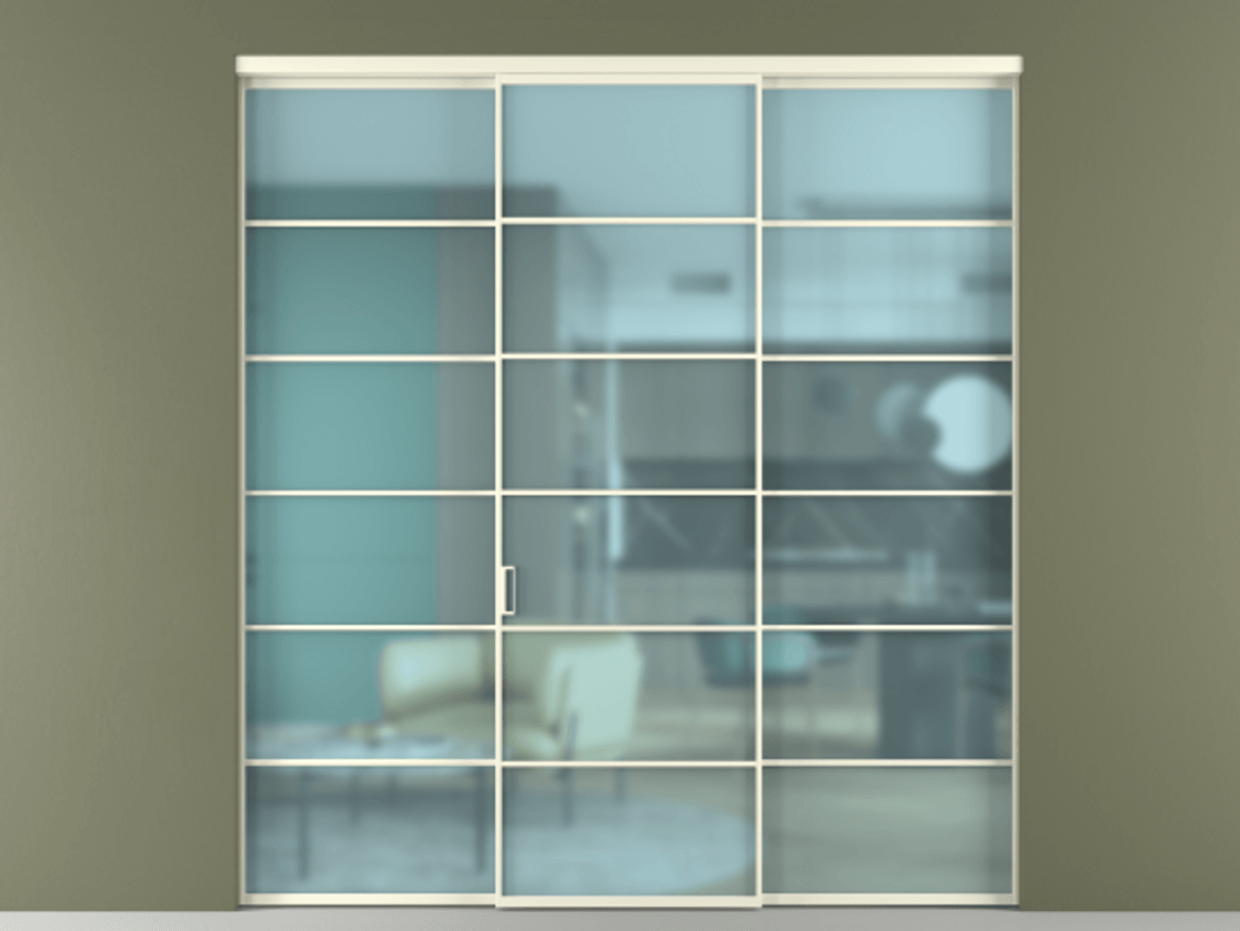 Перегородка Formato внутри проёма 3 створки АЛПР 040.04 Алюминий молочно-белый Сатинированное голубое стекло, триплекс Цена 1667700 ₸ | Volhovec