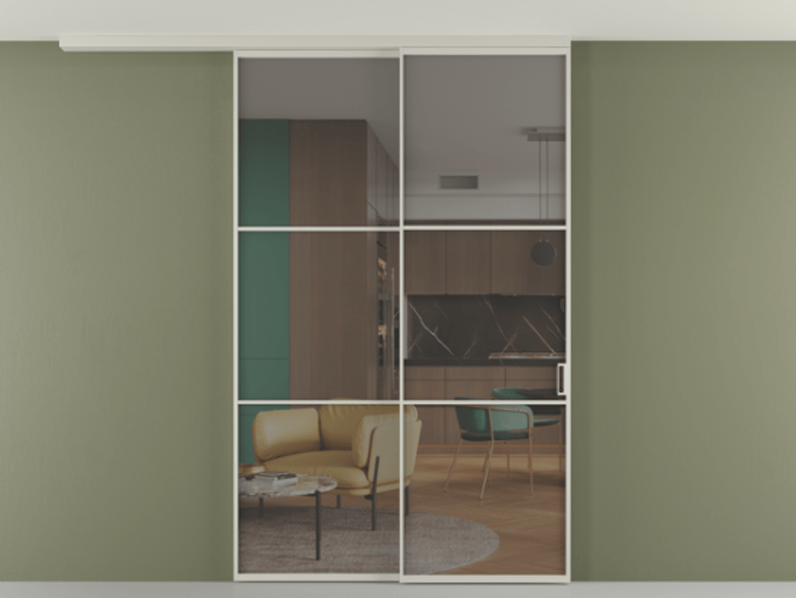 Перегородка Формато вдоль стены на потолок 2 створки с синхронным механизмом АЛПР 040.03 Алюминий тёплый серый Прозрачное серое стекло, триплекс Цена 2351311 ₸ | Volhovec