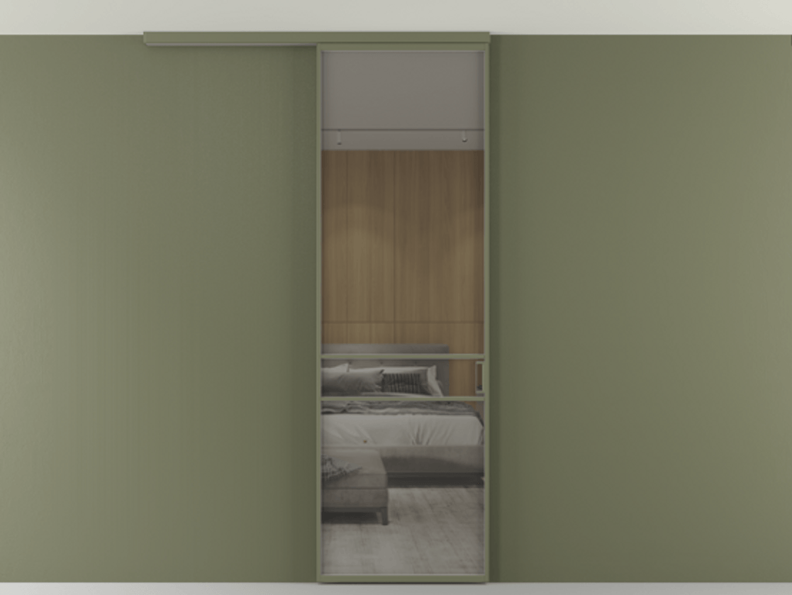 Перегородка Формато вдоль стены на потолок 1 створка АЛПР 040.02 Алюминий оливковый тёмный Рефлективное серое стекло "Стопсол", калёное Цена 948856 ₸ | Volhovec