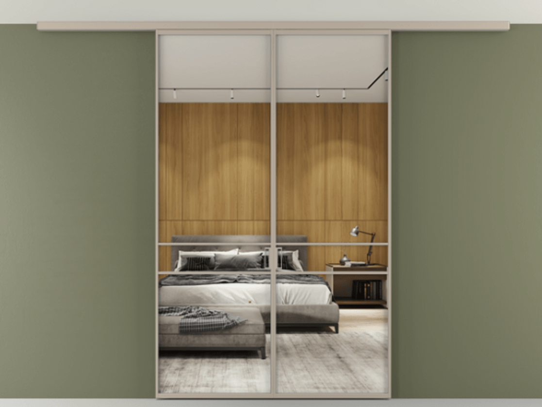 Перегородка Формато вдоль стены на потолок 2 створки АЛПР 040.02 Алюминий бисквитный Двустороннее зеркало, триплекс , триплекс 6 мм Цена 1410809 ₸ | Volhovec