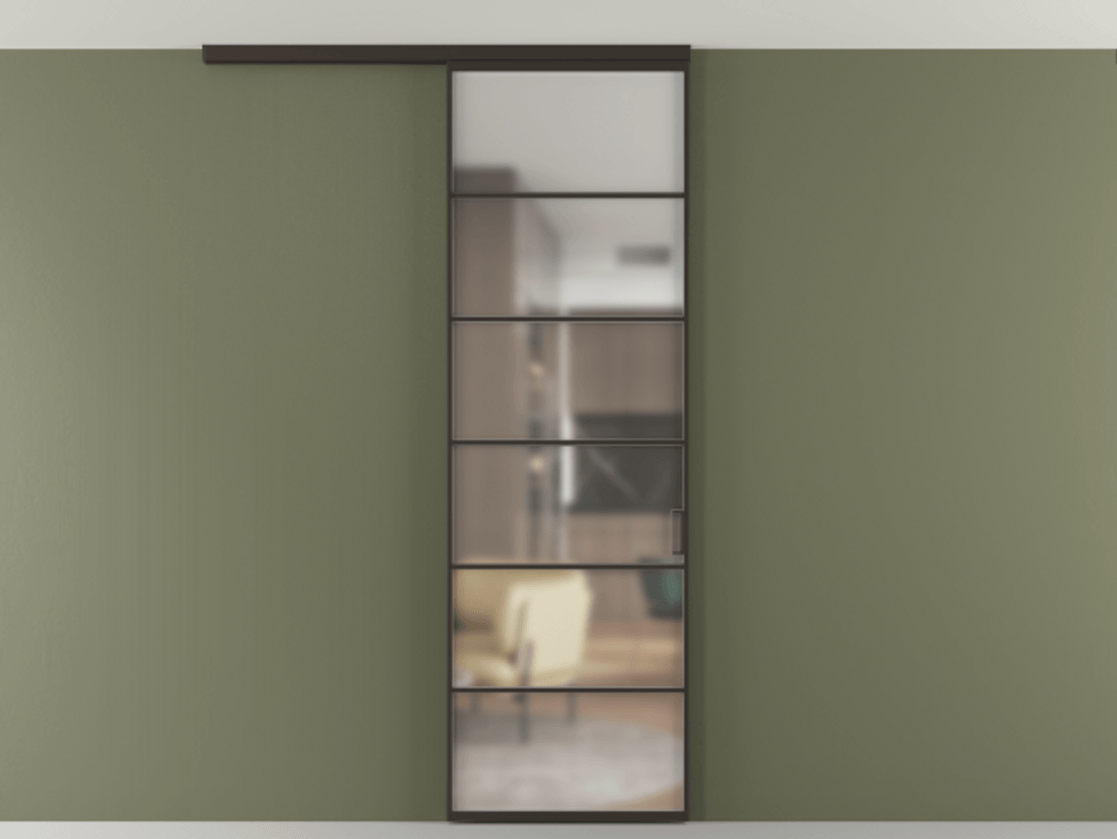 Перегородка Формато вдоль стены на потолок 1 створка АЛПР 040.04 Алюминий антрацит Сатинированное стекло "Мателюкс Кристал Вижн", калёное, матовое, каленое 6 мм Цена 1013720 ₸ | Volhovec