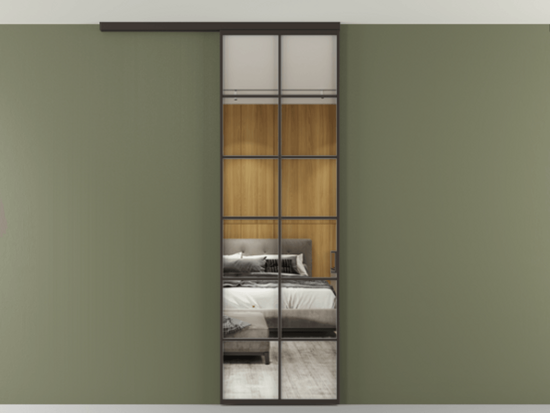 Перегородка Формато вдоль стены на потолок 1 створка АЛПР 040.05 Алюминий антрацит Двустороннее зеркало, триплекс , триплекс 6 мм Цена 815361 ₸ | Volhovec