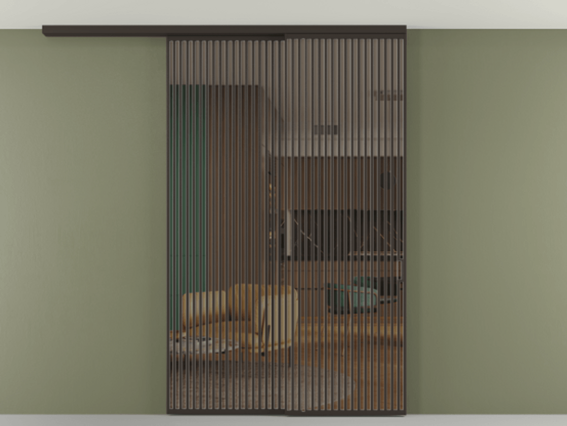 Перегородка Формато вдоль стены на потолок 2 створки с синхронным механизмом АЛПР 040.06 Алюминий антрацит Прозрачное бронзовое стекло, триплекс Цена 3405447 ₸ | Volhovec