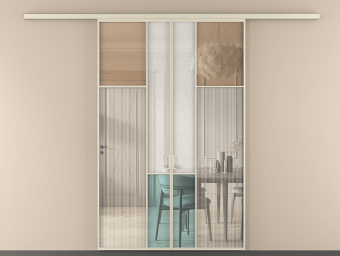 Перегородка Mosaic вдоль стены двустворчатая АЛПР 041.11 Алюминий бежево-серый Комбинация стекол Группы 1 и Группы 3 Цена 1557800 ₸ | Volhovec