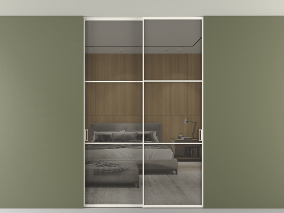 Перегородка Формато внутри проёма скрытое крепление в потолок 2 створки АЛПР 040.03 Алюминий пудровый белый Рефлективное серое стекло "Стопсол", калёное Цена 2309731 ₸ | Volhovec