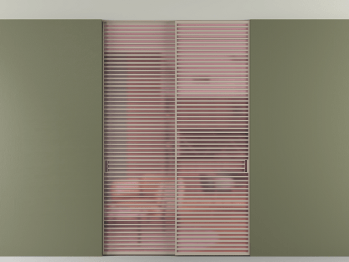 Перегородка Формато внутри проёма скрытое крепление в потолок 2 створки АЛПР 040.07 Алюминий бисквитный Сатинированное розовое стекло, триплекс Цена 3098957 ₸ | Volhovec