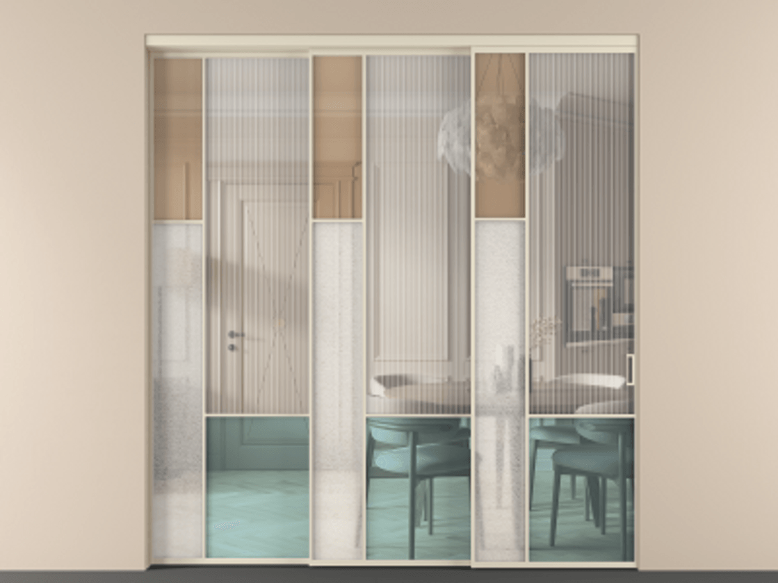 Перегородка Mosaic внутри проёма 3 створки с синхронным механизмом АЛПР 041.13 Алюминий бежево-серый Комбинация стекол Группы 1 и Группы 3 Цена 2841600 ₸ | Volhovec