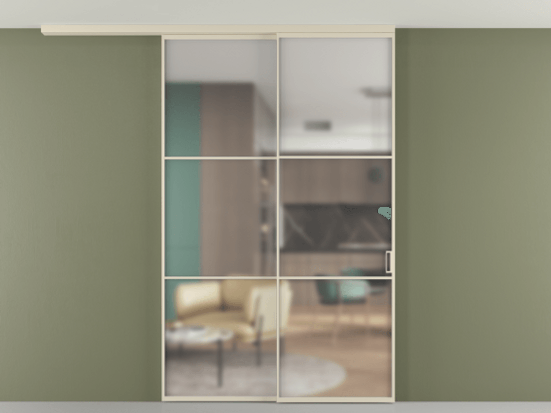 Перегородка Формато вдоль стены на потолок 2 створки с синхронным механизмом АЛПР 040.03 Алюминий бежево-серый Сатинированное стекло "Мателюкс Кристал Вижн", калёное, матовое, каленое 6 мм Цена 2472271 ₸ | Volhovec