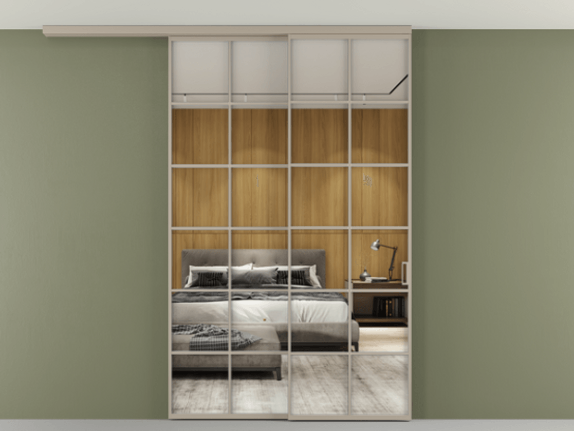 Перегородка Формато вдоль стены на потолок 2 створки с синхронным механизмом АЛПР 040.05 Алюминий бисквитный Двустороннее зеркало, триплекс , триплекс 6 мм Цена 2205282 ₸ | Volhovec