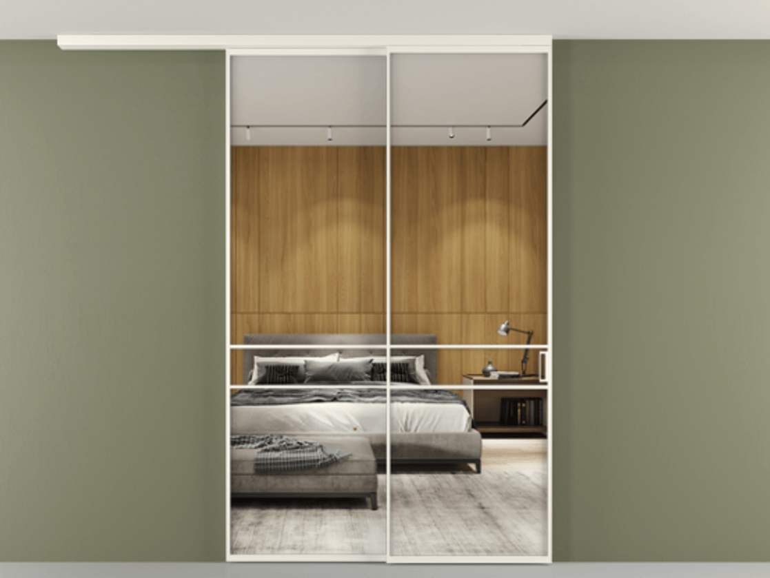 Перегородка Формато вдоль стены на потолок 2 створки с синхронным механизмом АЛПР 040.02 Алюминий пудровый белый Двустороннее зеркало, триплекс , триплекс 6 мм Цена 2101499 ₸ | Volhovec