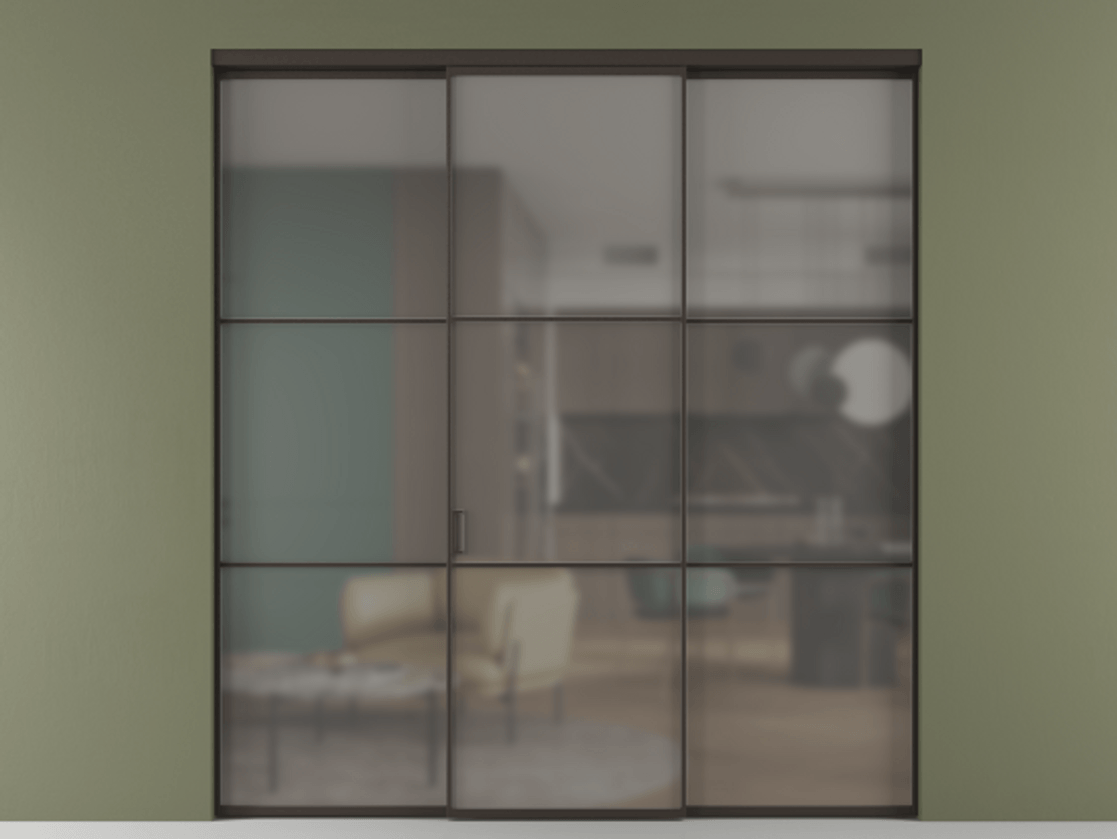 Перегородка Формато внутри проёма 3 створки АЛПР 040.03 Алюминий антрацит Сатинированное серое стекло, триплекс Цена 1793799 ₸ | Volhovec