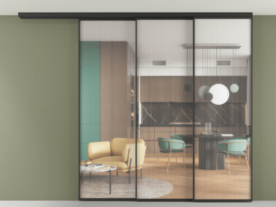 Перегородка Формато вдоль стены на потолок 3 створки с синхронным механизмом АЛПР 040.01 Алюминий Черный Рифлёное стекло "Мору", триплекс. Скрытый короб ЧЕР Цена 2894210 ₸ 1. Полотно 2 шт. (800/2100 мм)
2. Комплект установки раздвижной системы
3. Базовый комплект фурнитуры
4.Ручка Рондо. Фабрика дверей Волховец 8 (800) 551 43 19 Перегородка Формато вдоль стены на потолок 3 створки с синхронным механизмом АЛПР 040.01 Алюминий Черный Рифлёное стекло "Мору", триплекс Цена 2894210 ₸ | Volhovec