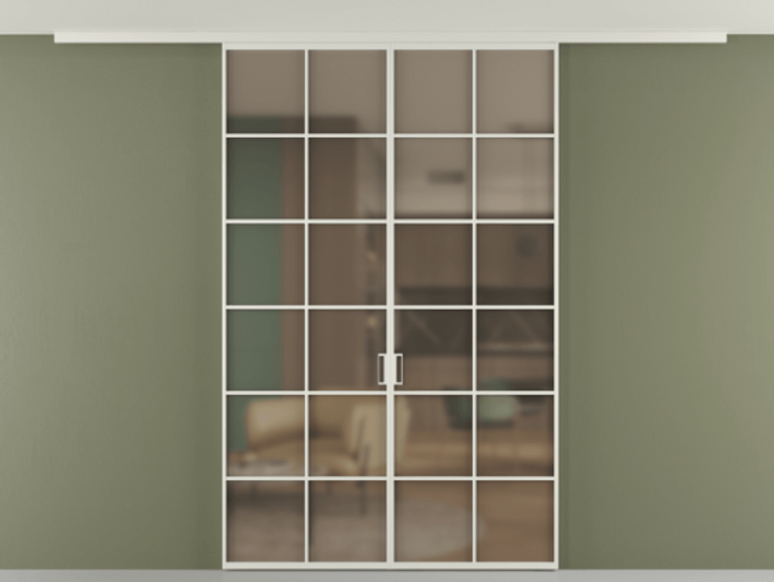 Перегородка Формато вдоль стены на потолок 2 створки АЛПР 040.05 Алюминий Белый Сатинированное бронзовое стекло, триплекс Цена 1515508 ₸ | Volhovec