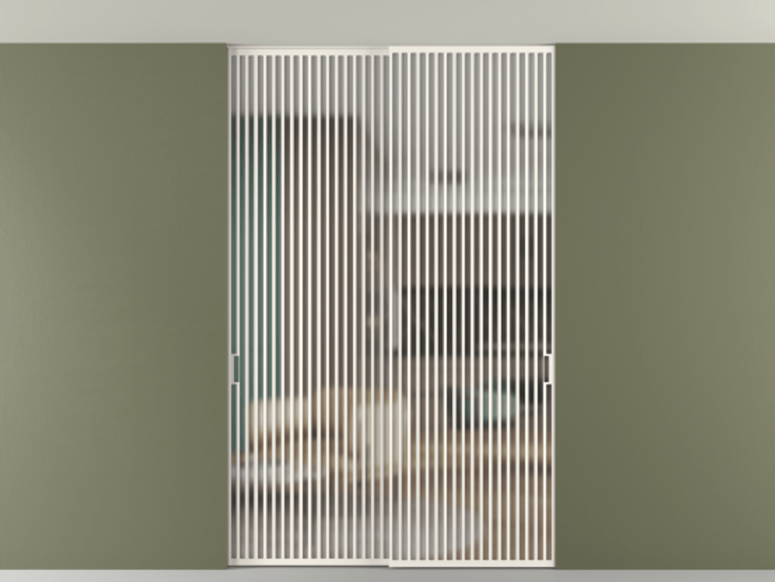 Перегородка Формато внутри проёма скрытое крепление в потолок 2 створки АЛПР 040.06 Алюминий пудровый белый Сатинированное стекло "Мателюкс Кристал Вижн", калёное, матовое, каленое 6 мм Цена 3470040 ₸ | Volhovec