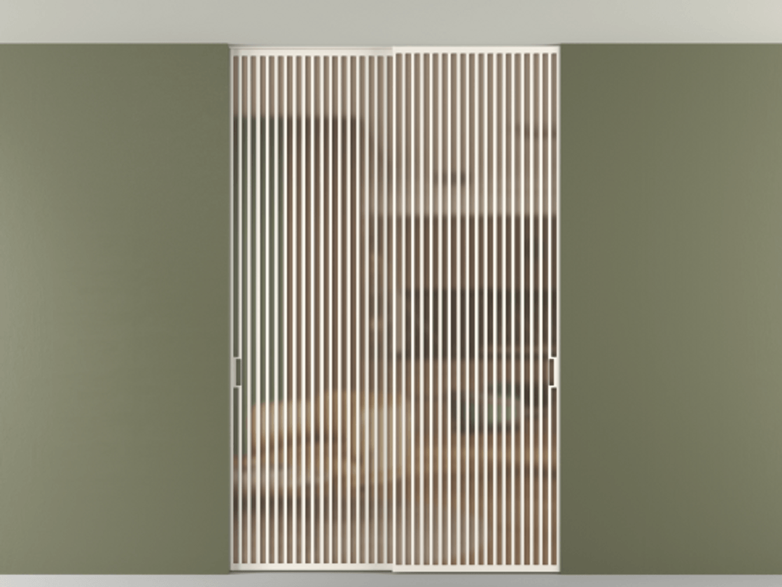 Перегородка Формато внутри проёма скрытое крепление в потолок 2 створки АЛПР 040.06 Алюминий пудровый белый Сатинированное оранжевое стекло, триплекс Цена 3098957 ₸ | Volhovec