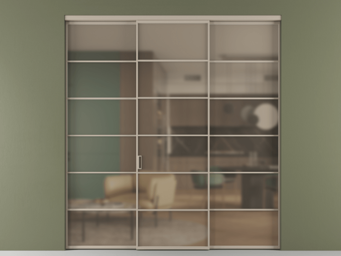 Перегородка Формато внутри проёма 3 створки АЛПР 040.04 Алюминий бисквитный Сатинированное бронзовое стекло, триплекс Цена 1926477 ₸ | Volhovec