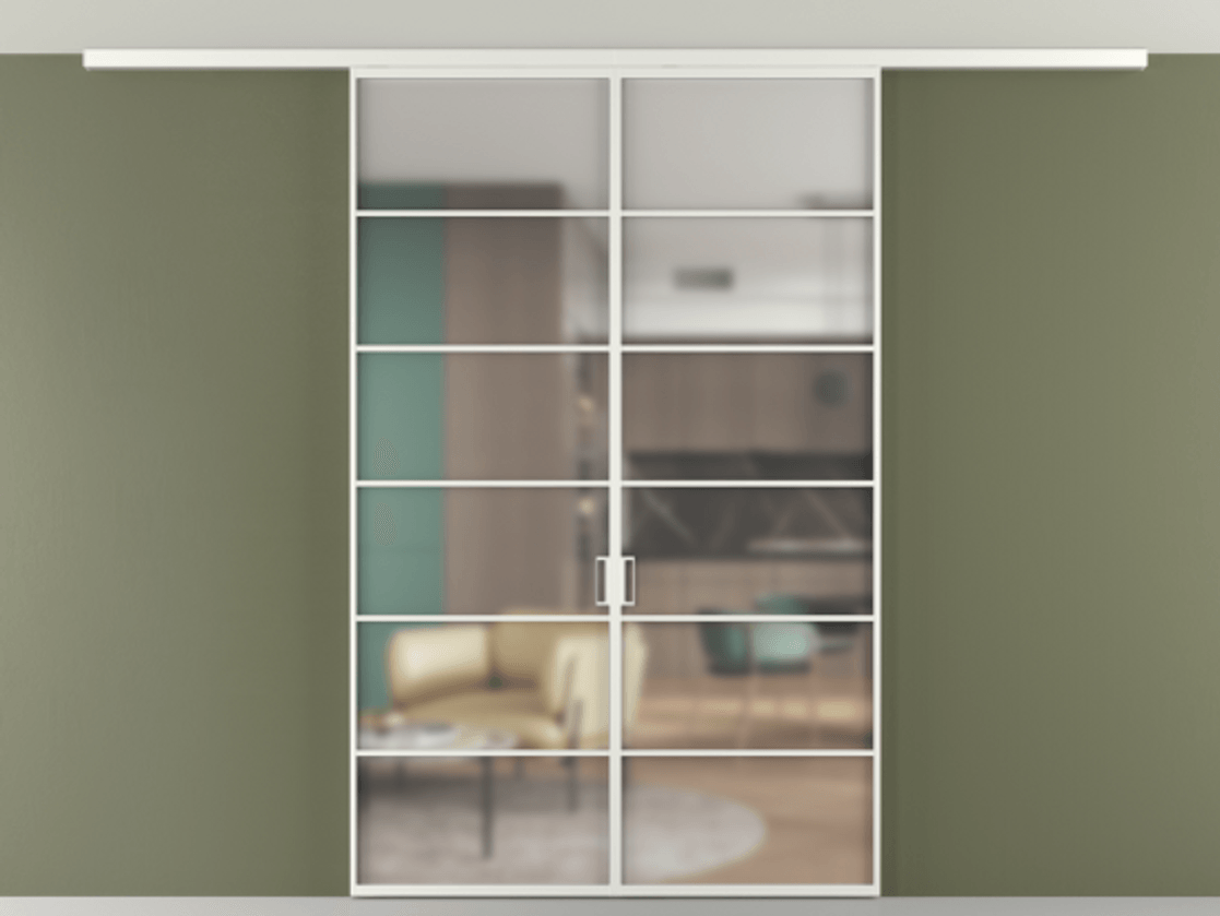 Перегородка Формато вдоль стены на потолок 2 створки АЛПР 040.04 Алюминий светло-серый Сатинированное стекло "Мателюкс Кристал Вижн", калёное, матовое, каленое 6 мм Цена 1673814 ₸ | Volhovec