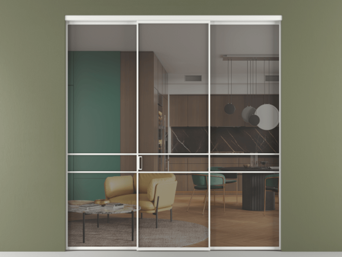 Перегородка Formato внутри проёма 3 створки АЛПР 040.02 Алюминий белоснежный Рефлективное серое стекло "Stopsol", калёное Цена 1981820 ₸ | Volhovec