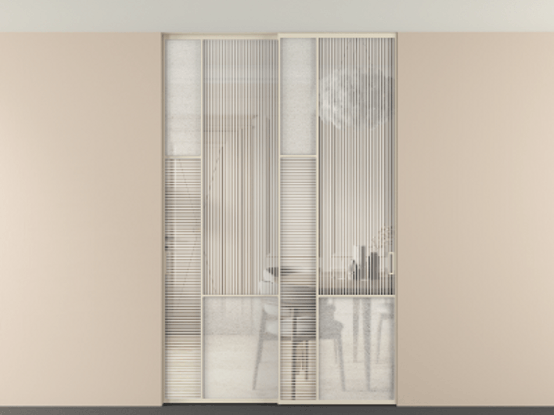 Перегородка Mosaic внутри проёма скрытое крепление в потолок 2 створки АЛПР 041.13 Алюминий бежево-серый Рифлёное стекло "Дюна", триплекс, 6 мм + Фактурное стекло "Лёд", триплекс. Цена 2574785 ₸ . Фабрика дверей Волховец 8 (800) 551 43 19 Перегородка Mosaic внутри проёма скрытое крепление в потолок 2 створки АЛПР 041.13 Алюминий бежево-серый Рифлёное стекло "Дюна", триплекс, 6 мм + Фактурное стекло "Лёд", триплекс Цена 2574785 ₸ | Volhovec