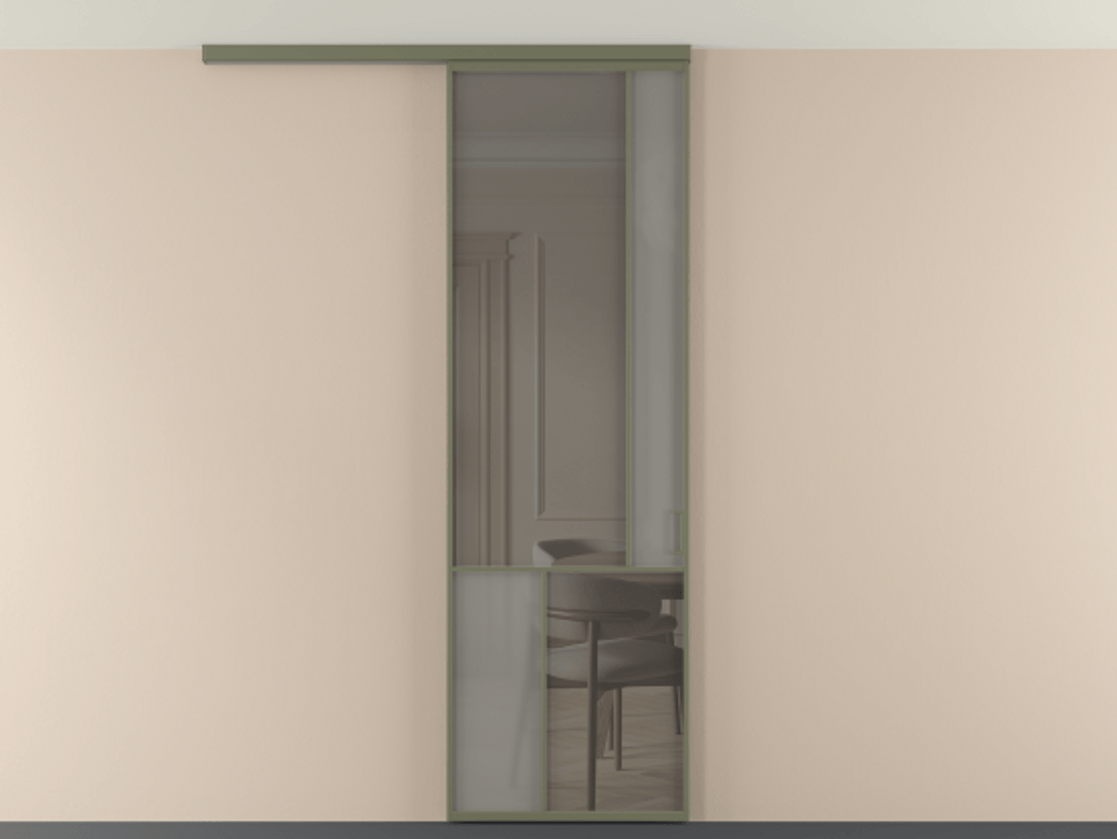 Перегородка Мозаик вдоль стены на потолок 1 створка АЛПР 041.21 Алюминий оливковый тёмный Сатинированное серое стекло, триплекс, 6 мм + Прозрачное серое стекло, триплекс Цена 1020902 ₸ | Volhovec