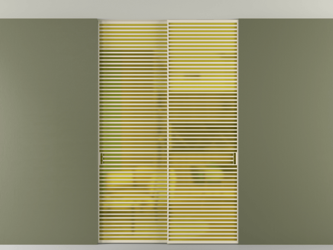 Перегородка Формато внутри проёма скрытое крепление в потолок 2 створки АЛПР 040.07 Алюминий бежево-серый Сатинированное жёлтое стекло, триплекс Цена 3098957 ₸ | Volhovec