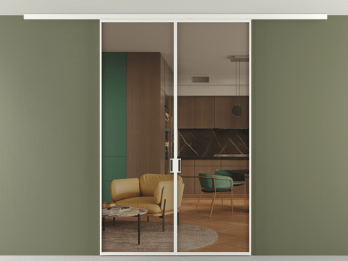 Перегородка Формато вдоль стены на потолок 2 створки АЛПР 040.01 Алюминий светло-серый Прозрачное бронзовое стекло, триплекс Цена 1633262 ₸ | Volhovec