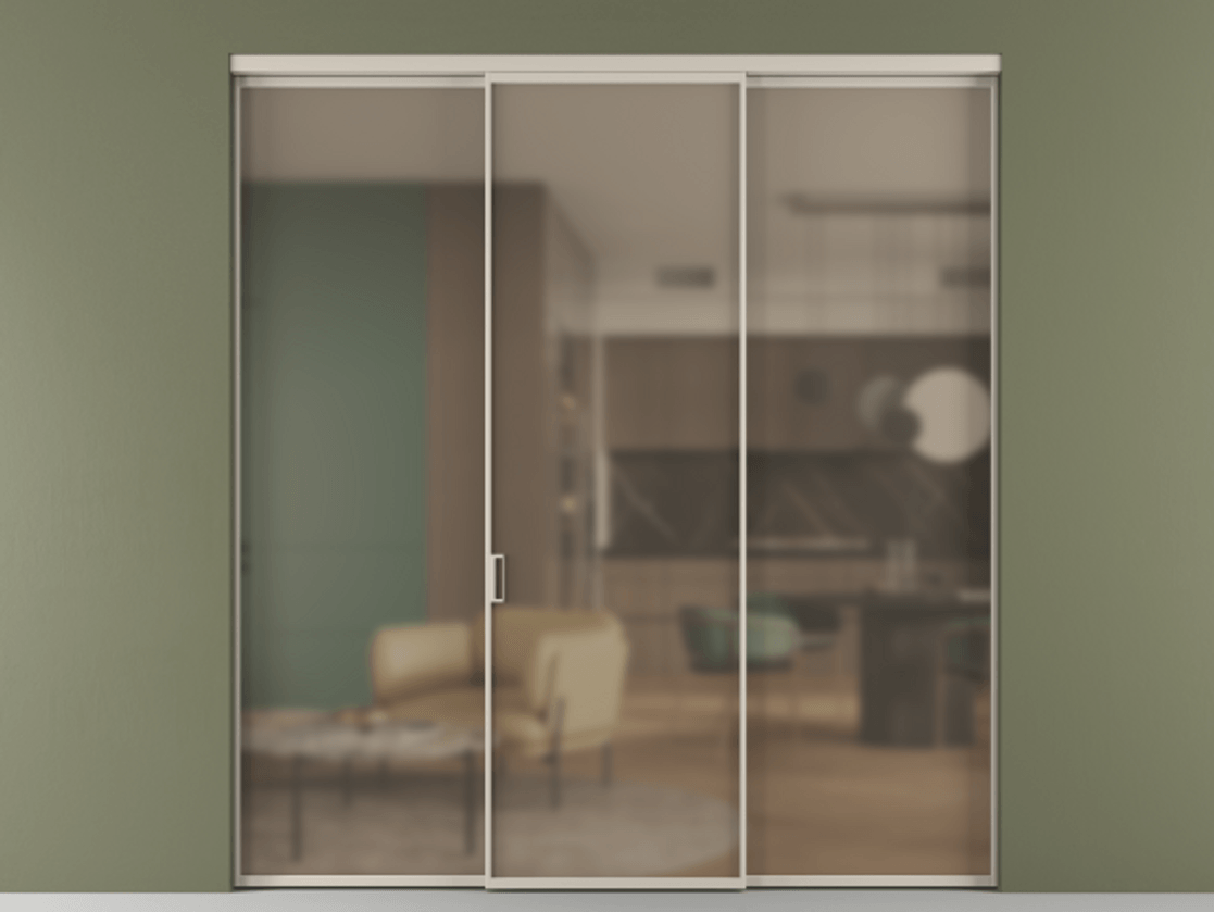 Перегородка Formato внутри проёма 3 створки АЛПР 040.01 Алюминий светло-бежевый Сатинированное бронзовое стекло, триплекс Цена 1470020 ₸ | Volhovec