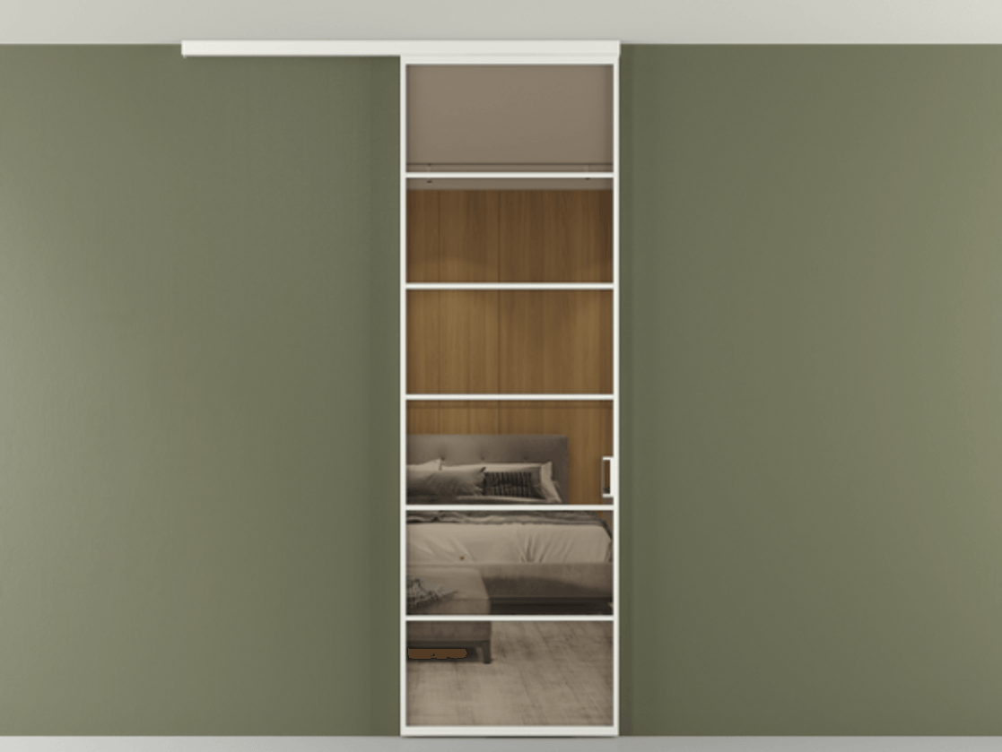 Перегородка Формато вдоль стены на потолок 1 створка АЛПР 040.04 Алюминий светло-серый Рефлективное бронзовое стекло "Стопсол", калёное Цена 1013720 ₸ | Volhovec