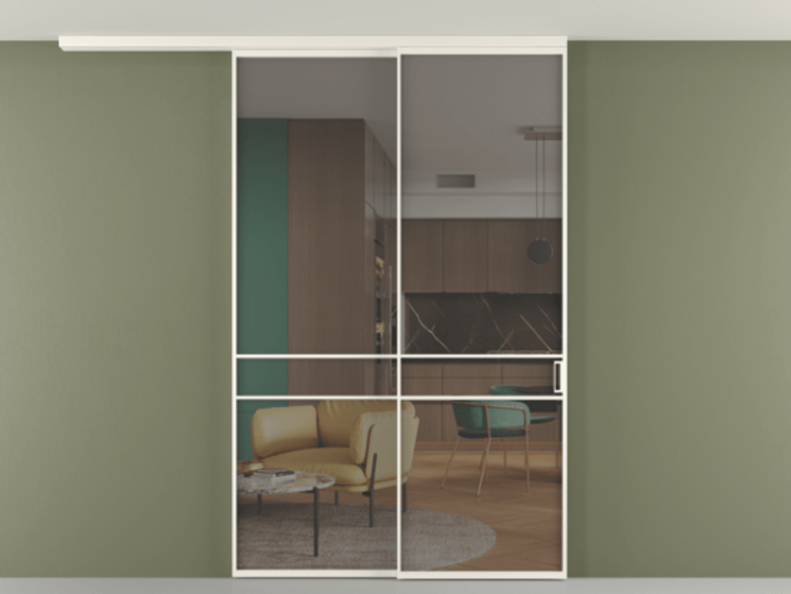 Перегородка Формато вдоль стены на потолок 2 створки с синхронным механизмом АЛПР 040.02 Алюминий пудровый белый Прозрачное серое стекло, триплекс Цена 2351311 ₸ | Volhovec