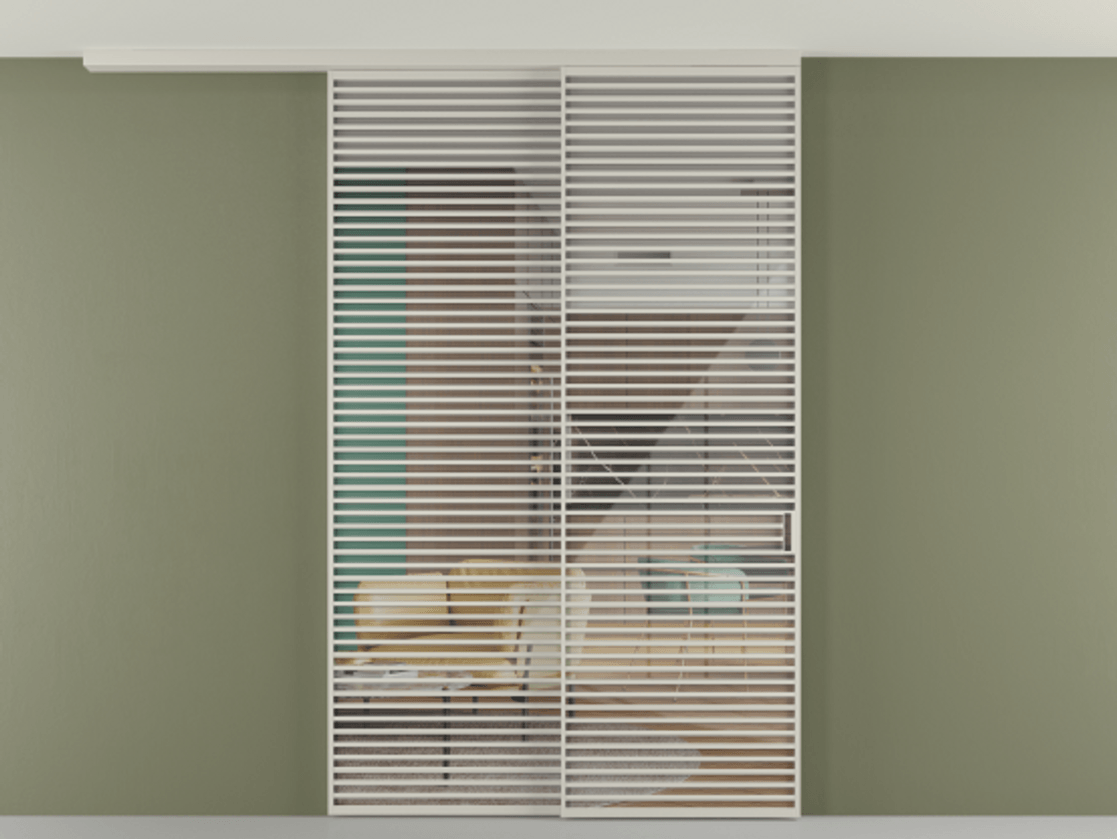 Перегородка Формато вдоль стены на потолок 2 створки с синхронным механизмом АЛПР 040.07 Алюминий тёплый серый Рефлективное прозрачное стекло "Стопсол", калёное Цена 4102207 ₸ | Volhovec